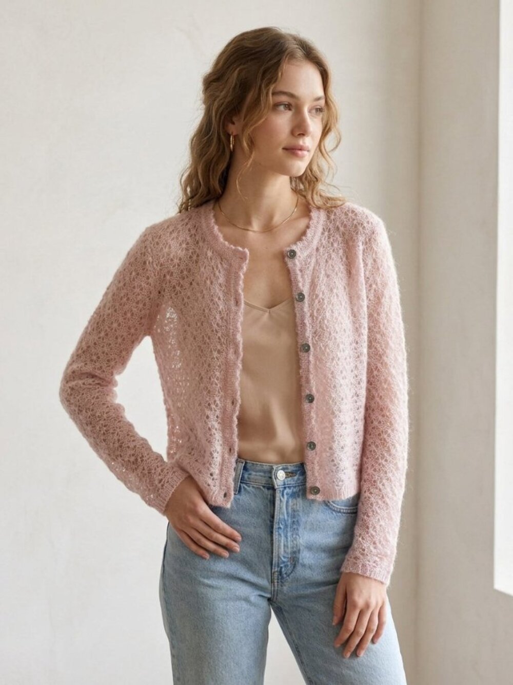 Reference Point Vintage 90s Blush Pink Mohair Open-Knit Cardigan | Size M
